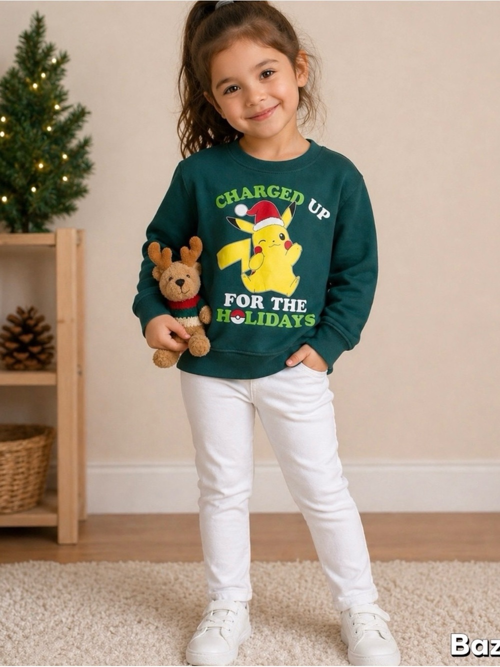 3pc Sz 7/8 Pokemon Pickachu charge up for the holidays Sweatshirt Leggings Plush